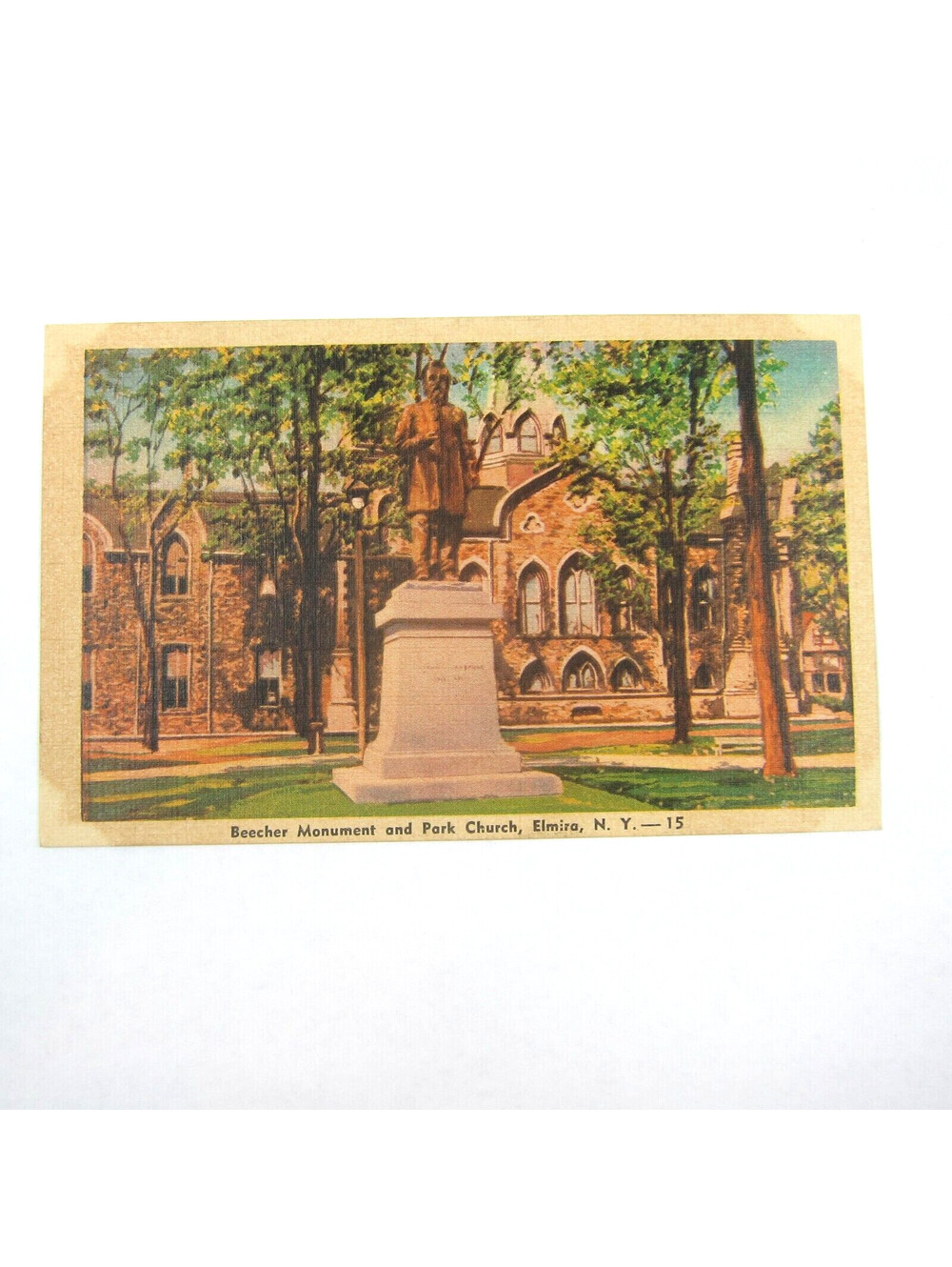 Linen Postcard Elmira New York Beecher Monument Park Church Vintage 1940s UNPOST